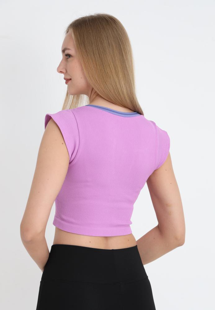 Crop Tricou Damă cu Mânecă Scurtă ,Culoare Mov, Engros